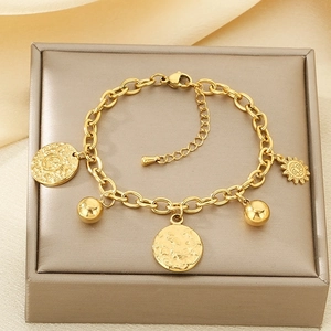 Bohemian Stainless Steel Gold Plated Sun Coin Ball Charm Bracelet Retro Adjustable Jewelry For Women