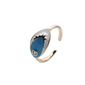 Detail of gold-plated Evil Eye ring featuring colorful enamel inlay and a zircon stone