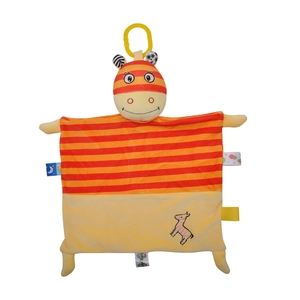 Soft zebra plush baby security blanket with colorful stripes and yellow hanging ring