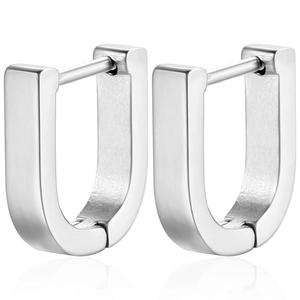 Minimalist silver U-shaped hoop earrings in polished stainless steel with mirror finish