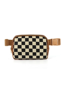Macro detail of checkerboard waist bag with brown leather trim and nylon strap closure