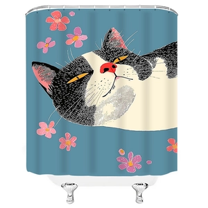 Detail of waterproof bath curtain featuring a sleeping cat and pink floral patterns