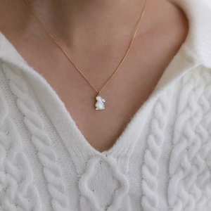 Gros plan d'un élégant collier de lapin doré avec pendentif en nacre blanche sur un pull