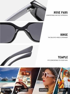 Detail view of square sunglasses with sturdy hinges and multiple lifestyle usage scenes