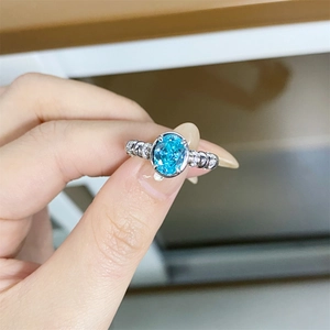 925 Sterling Silver Paraiba Blue Zirconia Ring Elegant Oval Geometric Electroplated Finger Ring Luxury Jewelry For Women