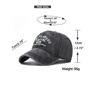 Size chart showing adjustable hat circumference and dimensions for washed cotton baseball cap