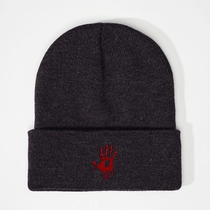 Dark grey beanie with red embroidered blood handprint pattern in a minimalist Korean style
