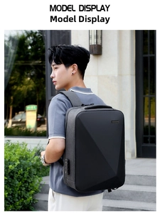Detail of a business laptop backpack with geometric hard shell and anti-theft combination lock