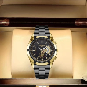 Detailed close-up of Oruss men's business watch with black and gold steel strap in box