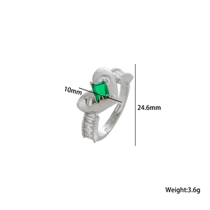 Silver heart ring with emerald gemstone and diamond accents showing 10mm width and 3.6g weight