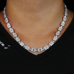 Hip hop silver necklace with 10x8mm rectangular zircon on a model for high-end fashion style