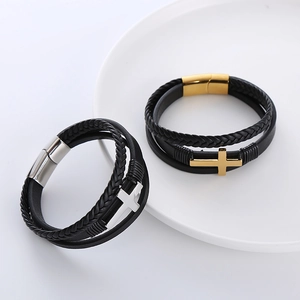 Classic multilayer braided leather bracelet with stainless steel magnetic cross clasp