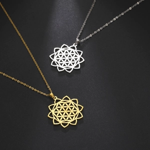 Minimalist 304 stainless steel necklace with Flower of Life hollow pendant in gold and silver