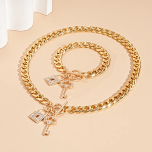 Alloy Rhinestone Cuban Chain Necklace And Bracelet With Lock Key Pendants Toggle Clasp Western Fashion Women