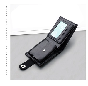 Detailed interior of black leather wallet with coin pocket, card slots and photo window