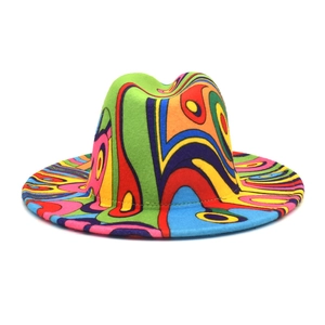 Psychedelic digital print wool fedora hat with vibrant abstract colorful fluid patterns