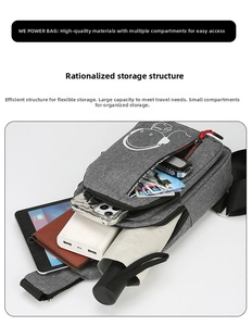Detailed interior storage showing grey fabric crossbody bag with multiple zipper compartments