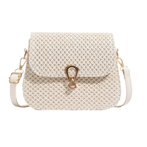 Fashionable woven crossbody bag in beige with gold horseshoe buckle and leather strap