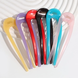 Set of seven colorful U-shaped acetate hair pins with glossy handmade French finish