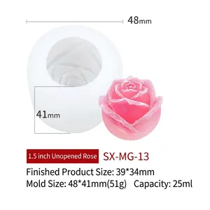Detailweergave van de roos siliconen mal SX-MG-13 met exacte afmetingen en volumematen