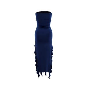 Detailed close-up of dark blue strapless tube dress with ruffled edges and slim fit cut