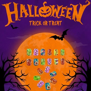 Halloween theme nail charms with monster eye and slime patterns against an orange moon