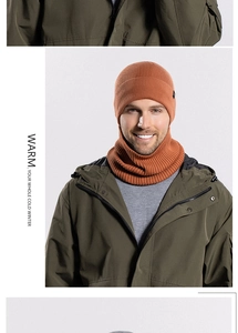 Close-up of orange ribbed knit hat and neck warmer set with warm fleece lining