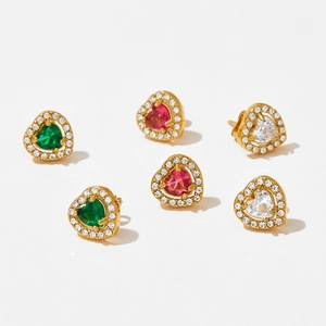 Elegant heart-shaped gold plated stud earrings set with colorful zircon stones