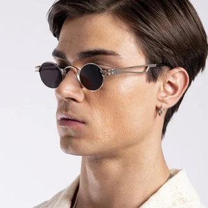 Steampunk small round metal sunglasses with silver frame and dark lenses for men and women