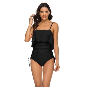 Black one-piece swimsuit with ruffle trim neckline and adjustable side drawstring details