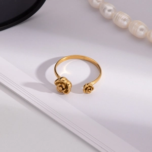 Minimalist gold rose open ring for women with floral design and polished metal finish