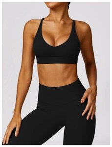Detail of high waist yoga pants and V-neck sports bra set in matte black stretch fabric