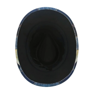 Detail view of denim texture hat with black inner lining and classic cowboy style