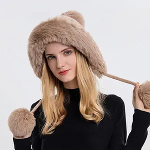 Women's thick knit thermal beanie with triple pom poms and warm fleece lining