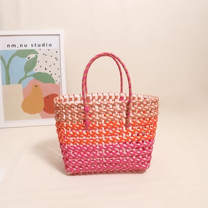 Colorful gradient woven beach tote bag with hollow design and spacious interior for women