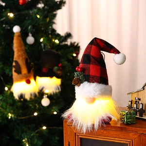 Close-up of glowing Christmas gnome with red plaid hat and warm light-up beard decor