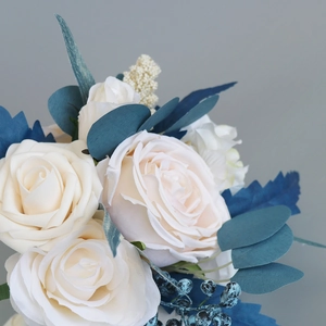 Navy blue and cream white bridal flower bouquet with artificial roses and berries