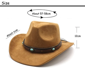 Detailed size chart of brown suede cowboy hat with turquoise band and metal studs