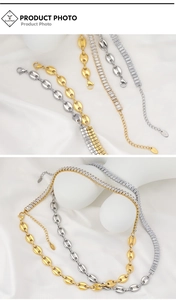 Detail of coffee bean link chain and zircon necklace with gold and silver finishes