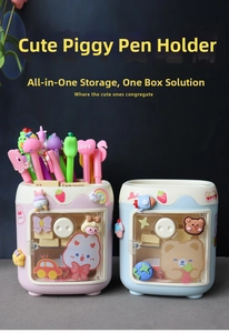 Detailed view of pink and blue cartoon pig pencil holders with cute 3D stickers and stationery