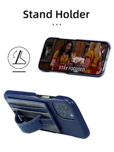 Detail of navy leather phone case with card slots and functional kickstand