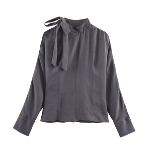 Women Satin Blouse Bow Tie Shoulder Slit Long Sleeve Mock Neck Solid Grey Elegant Pullover Top