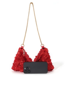 Red 3D rose floral evening clutch bag with gold chain strap and smartphone size reference