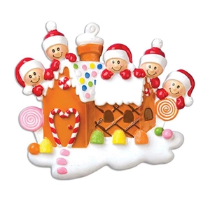 Gingerbread house Christmas ornament with 5 family members and festive candy details