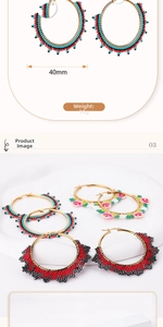 Detail shot of 40mm handmade Miyuki bead hoop earrings with Bohemian floral patterns