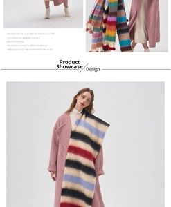 Detail of colorful striped mohair scarf with tassels paired with a wool coat