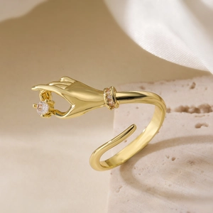 Hand Shape Ring Gold Plated Copper Zircon Unique Design Chic Adjustable Open Ring For Women Minimalist Jewelry