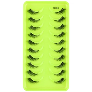 Macro shot of 10 pairs of dense natural synthetic half lashes in a green tray