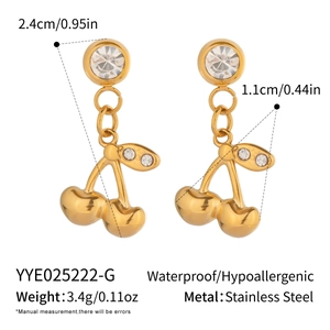 Detailed view of cherry drop earrings with dimensions and stainless steel material