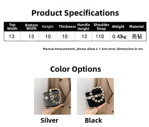 Size guide for mini pearl rhinestone bucket bag with precise dimensions and color options